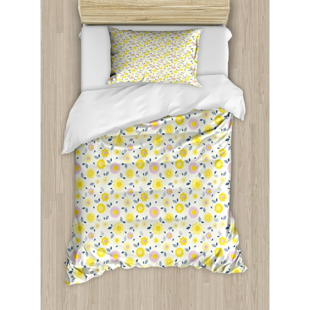 Daisy Twin Size Duvet Cover Set, Summer Flower Blossom Leaves Pastel