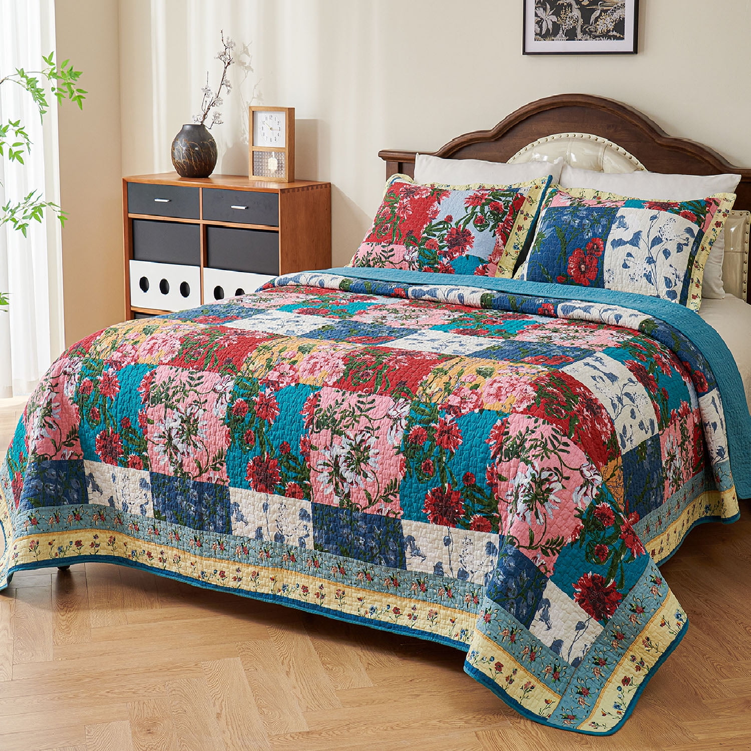 Evenhug Quilts 2-Piece Square Multi-Color Floral Patchwork Twin Quilt Set With Sham