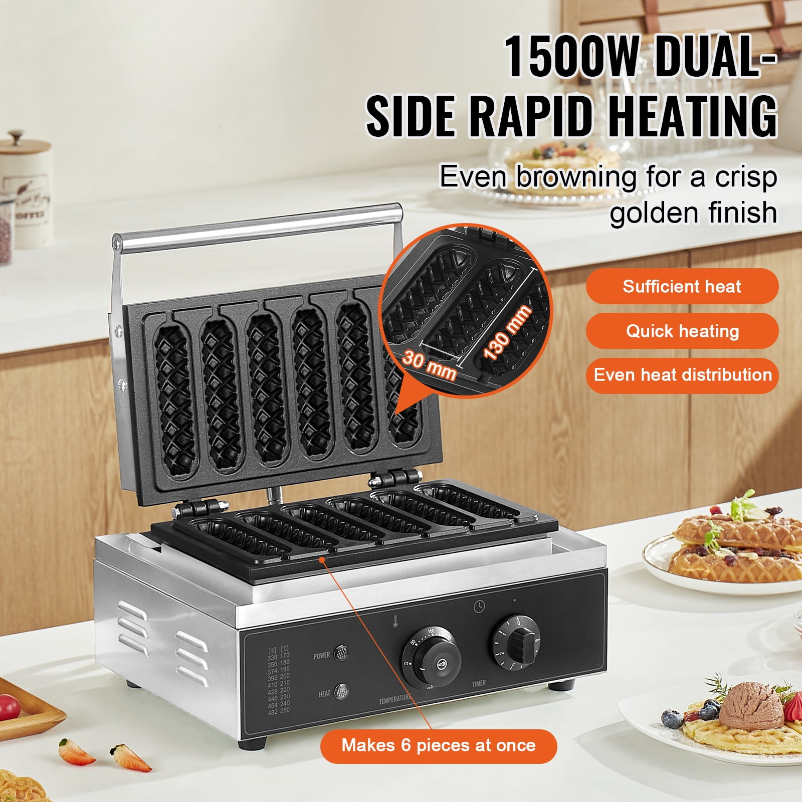 KFFKFF Waffle Stick Maker for Commercial Use, 6-Slot 1500W, Durable Non-Stick Coating, Stainless Steel, Adjustable Temperature and Timer, with Handle, Ideal for Cafes, Bakeries, Snack Shops