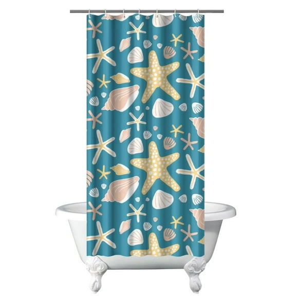 Summer Beach Starfish Seashell Shower Curtain 36x72in with Hooks, Quick-Dry Polyester Nautical Decor for Coastal Sea-Inspired Bathrooms
