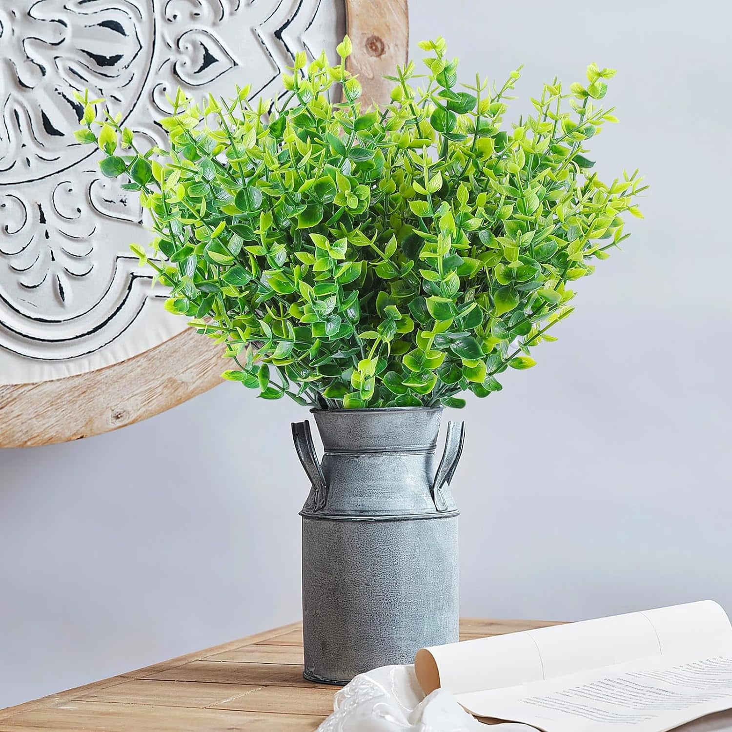 24 Bundles Artificial Eucalyptus Grasses for Spring Decoration, Outdoor UV Resistant Faux Plastic Greenery Boxwood Stems for Indoor Outside Window Box Porch Hanging Basket Decor (Green-eucalyptus)