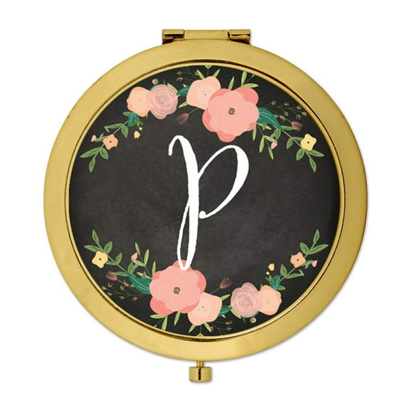 Koyal Wholesale Gold Compact Mirror Bridesmaid's Wedding Gift, Pink Peach Florals | Chalkboard, Monogram Letter P, 1-Pk