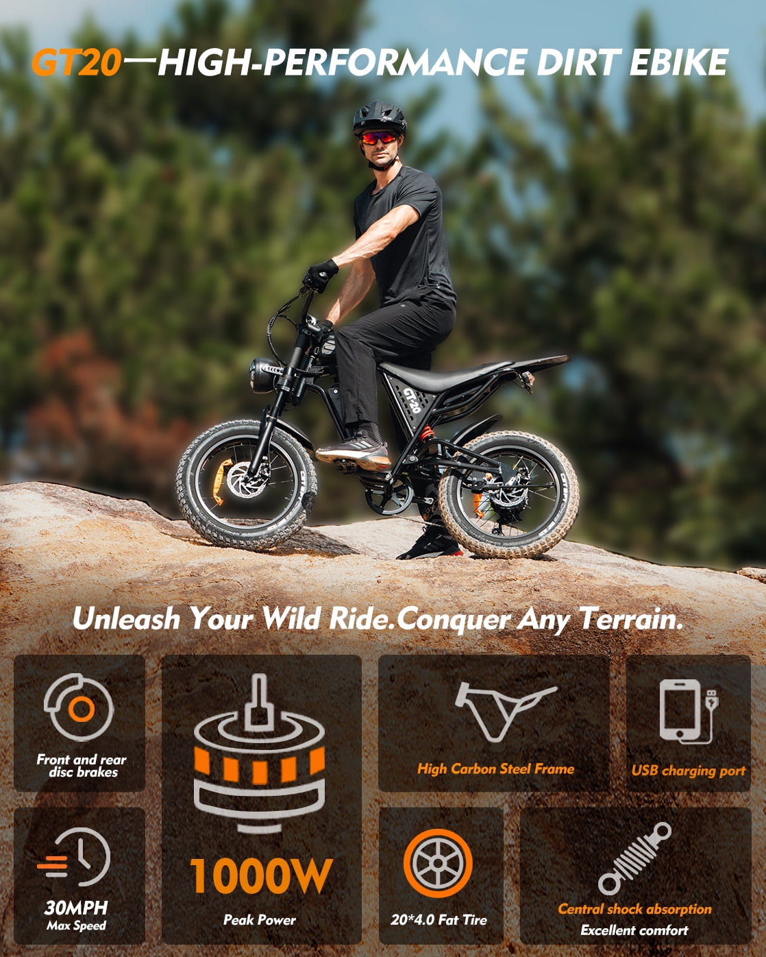 Electric Bike for Adults, 20×4.0" Fat Tires with Peak 1000W Motor 15.6 AH Battery Up to 45 Miles Range and 30MPH Max Speed, Dual Disc Brakes Dirt Ebike Full Suspension and 7-Speed