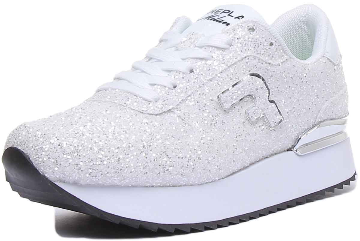 Replay Halen Women's Lace Up Platform Sole Glitter Sneakers In Platino Size  4.5 
