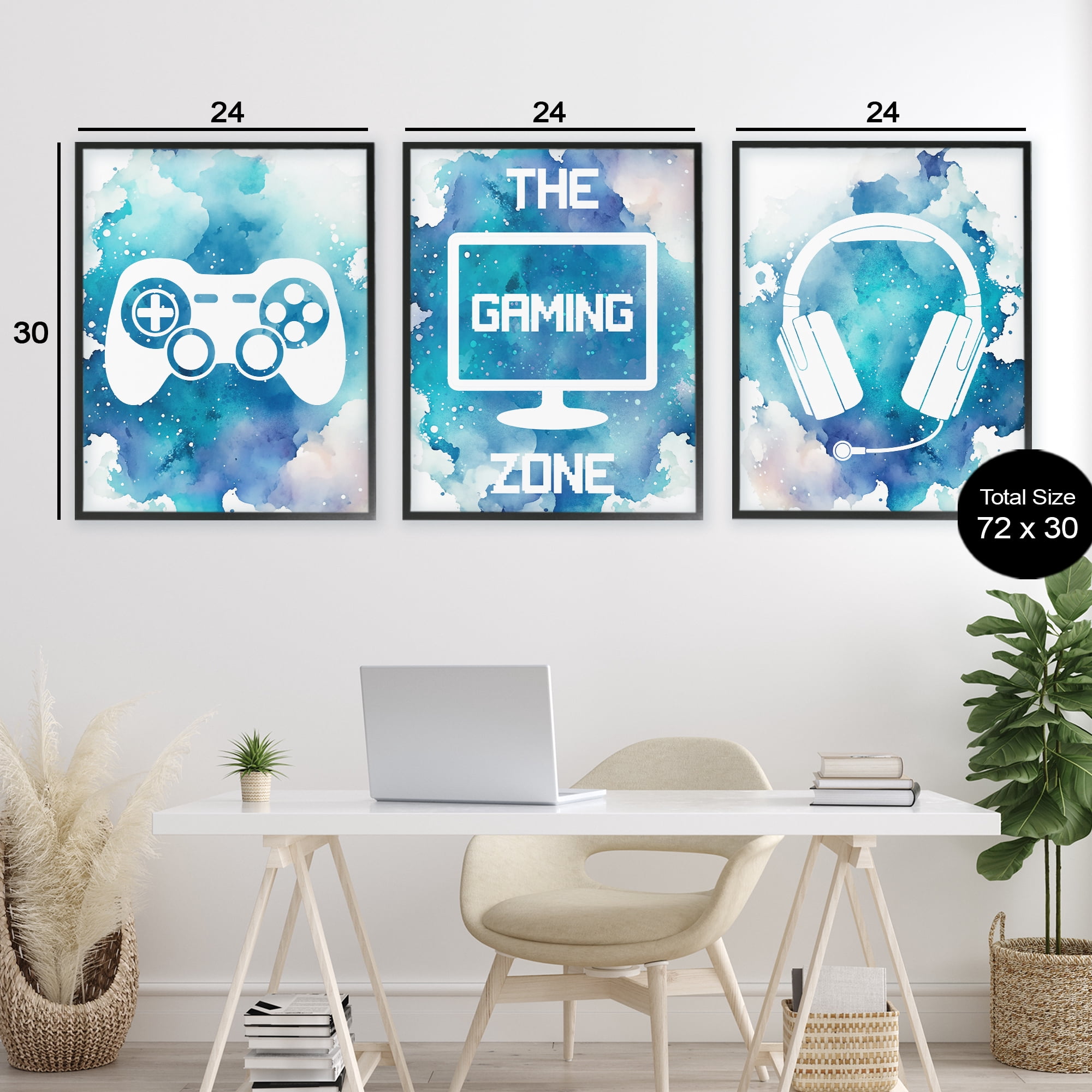 Blue Gamer Splatters 3 Piece Black Framed Giclee Art Set, design by Marcus Prime