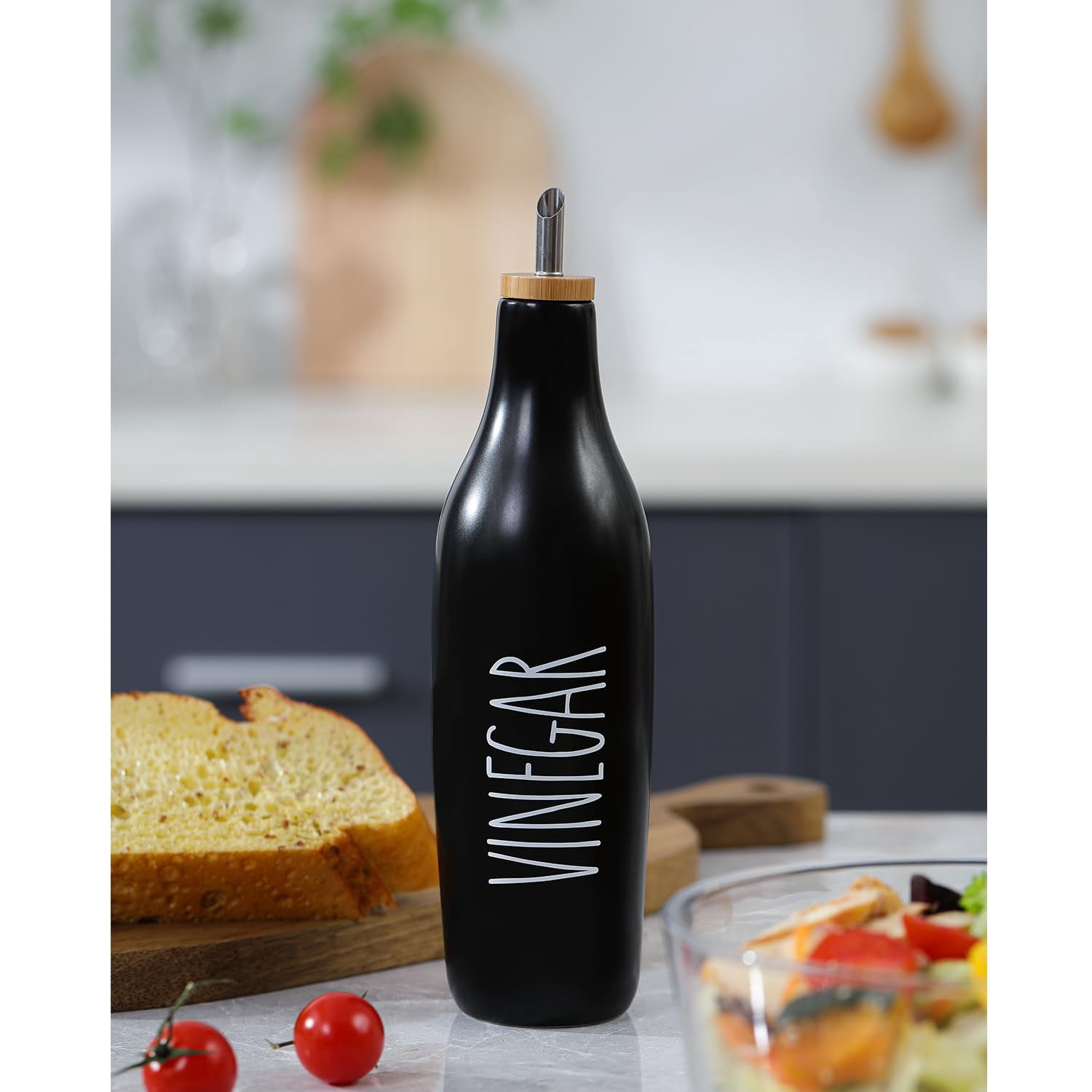 Ceramic Olive Oil Dispenser for Kitchen, Stoneware 16oz Oil Cruet and Vinegar Bottles Dispenser, Kitchen Dispenser Bottle for EVOO Vinegar Syrups, Modern Farmhouse Design(B-O)