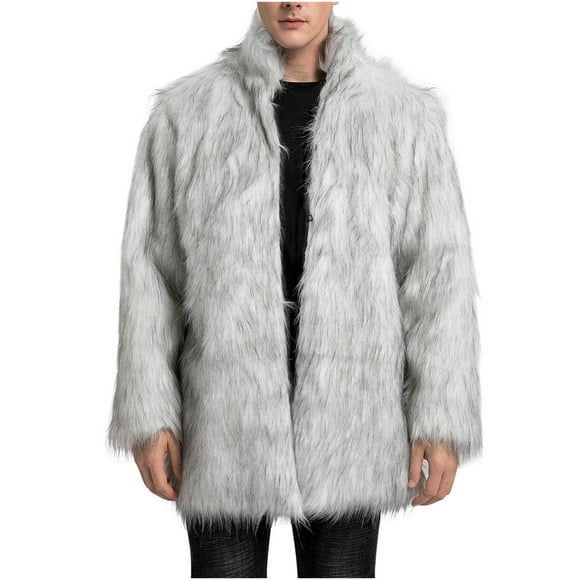 WRKEKC Men's Faux Fur Stand Collar Coat Winter Warm, Solid Color Outerwear Jacket for Cold Weather Gray L