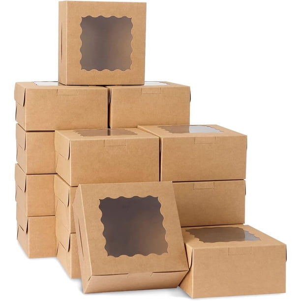 50 Pack Kraft Pastry Boxes, Kraft Paper Bakery Boxes, Cajas de Repostería, Cajas de acetato transparente, Cajas para cupcakes, Cajas para postres