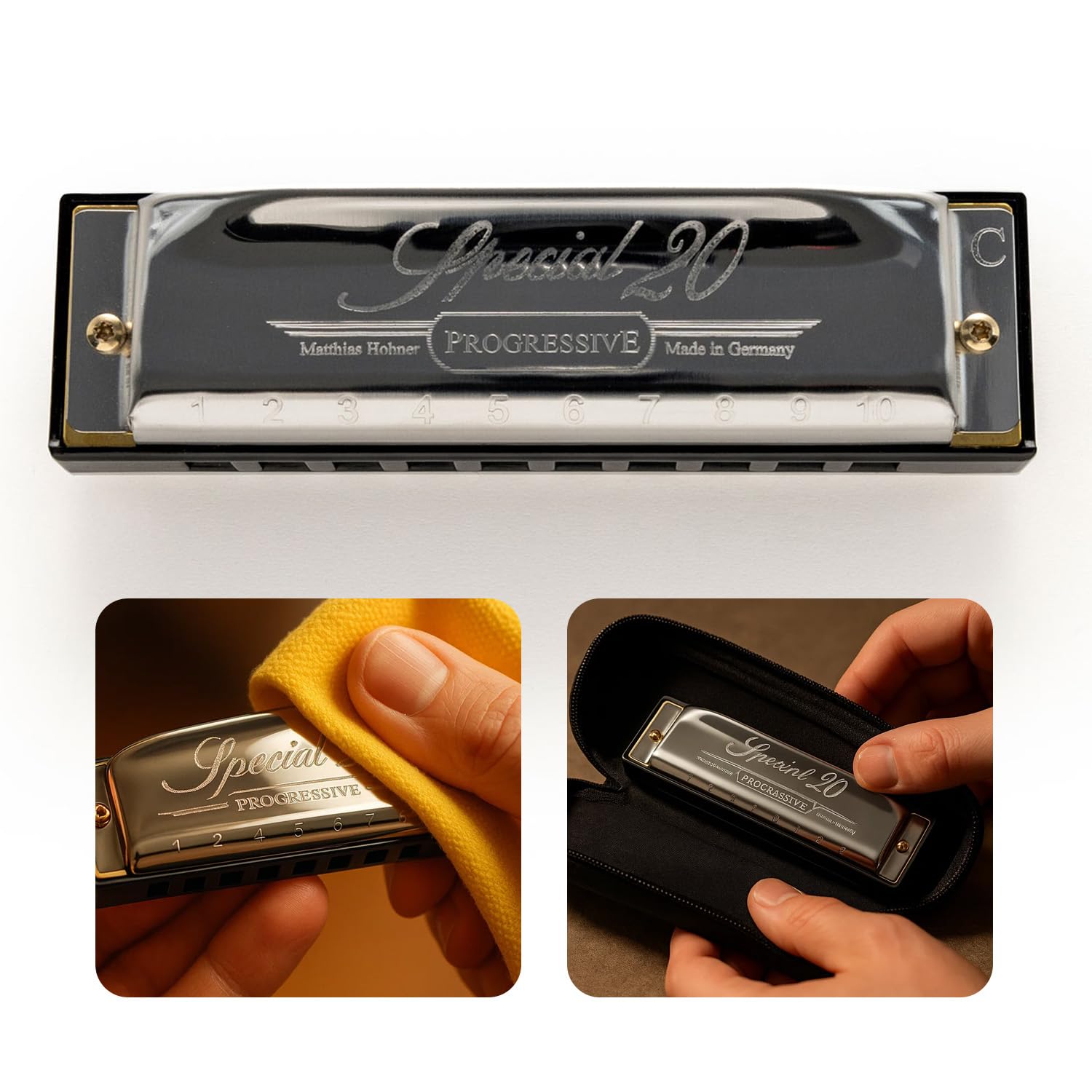 Hohner Special 20 Country Tuned Harmonica - Key of C Bundle with Case, Pouch, and Austin Bazaar Polishing Cloth