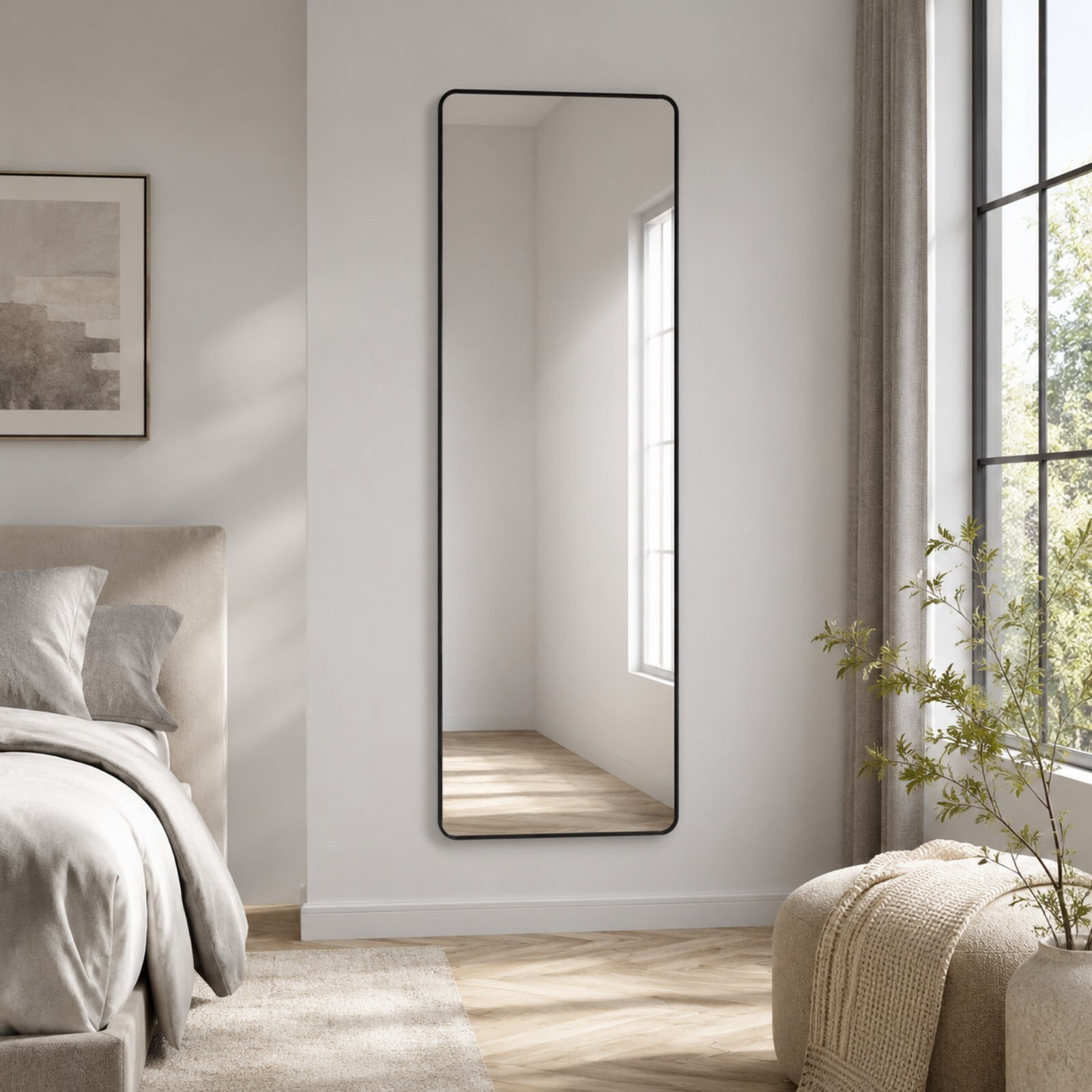 Easy4Home 59"x16" Rectangular Full Length Mirror Round Corner Freestanding Wall Mirror with Metal Frame, Black
