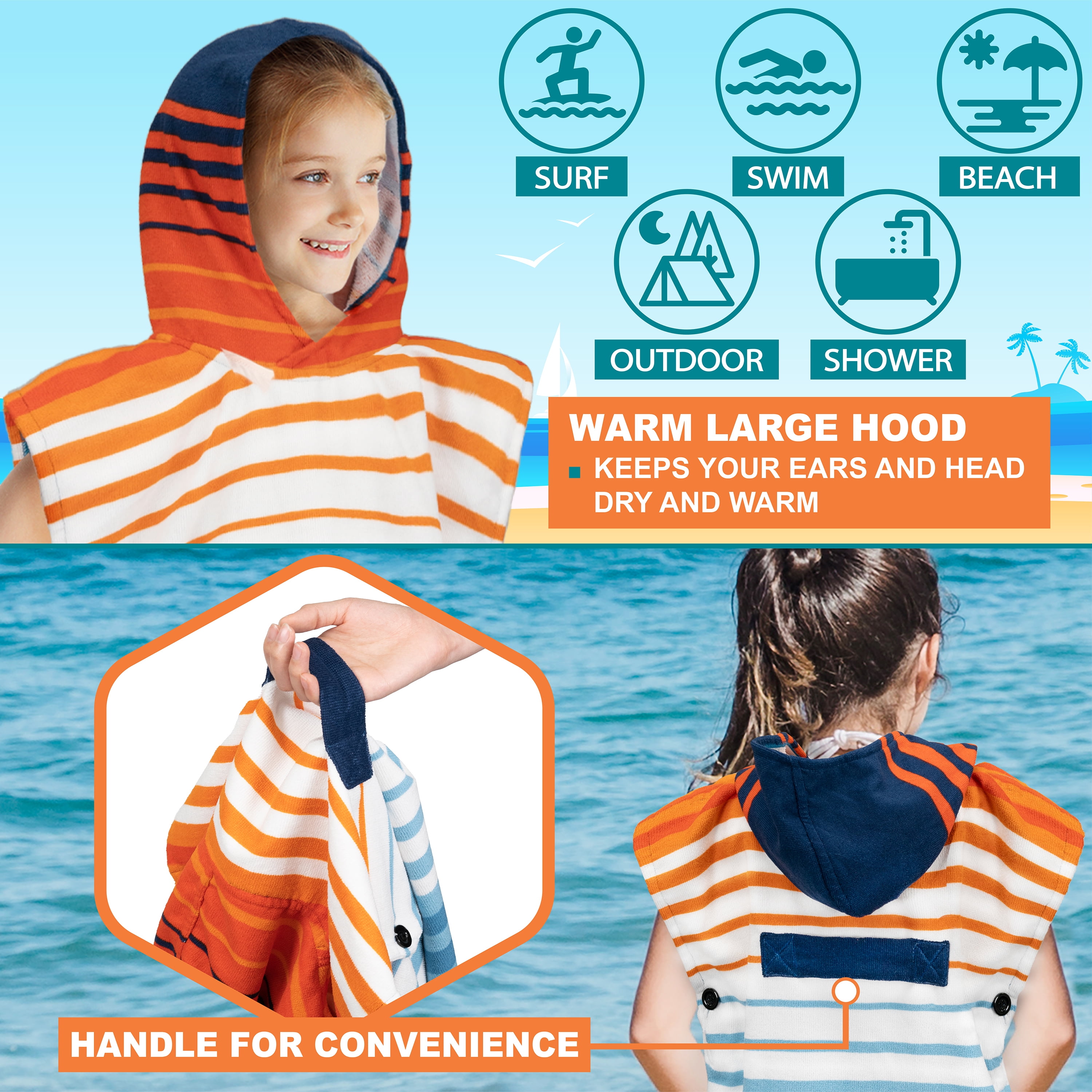 SUN CUBE Kids Changing Robe Surf Poncho, Kids Beach Towels, Hooded Towel For Teens Bath Pool, Microfiber Quick Dry Wearable Towel Poncho with Hood, Swim Towel for Girls 8-12 Years,  Orange Stripe