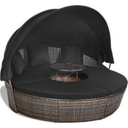 Patiojoy Patio Rattan Daybed Round Cushioned Sofa Adjustable Table Top Canopy