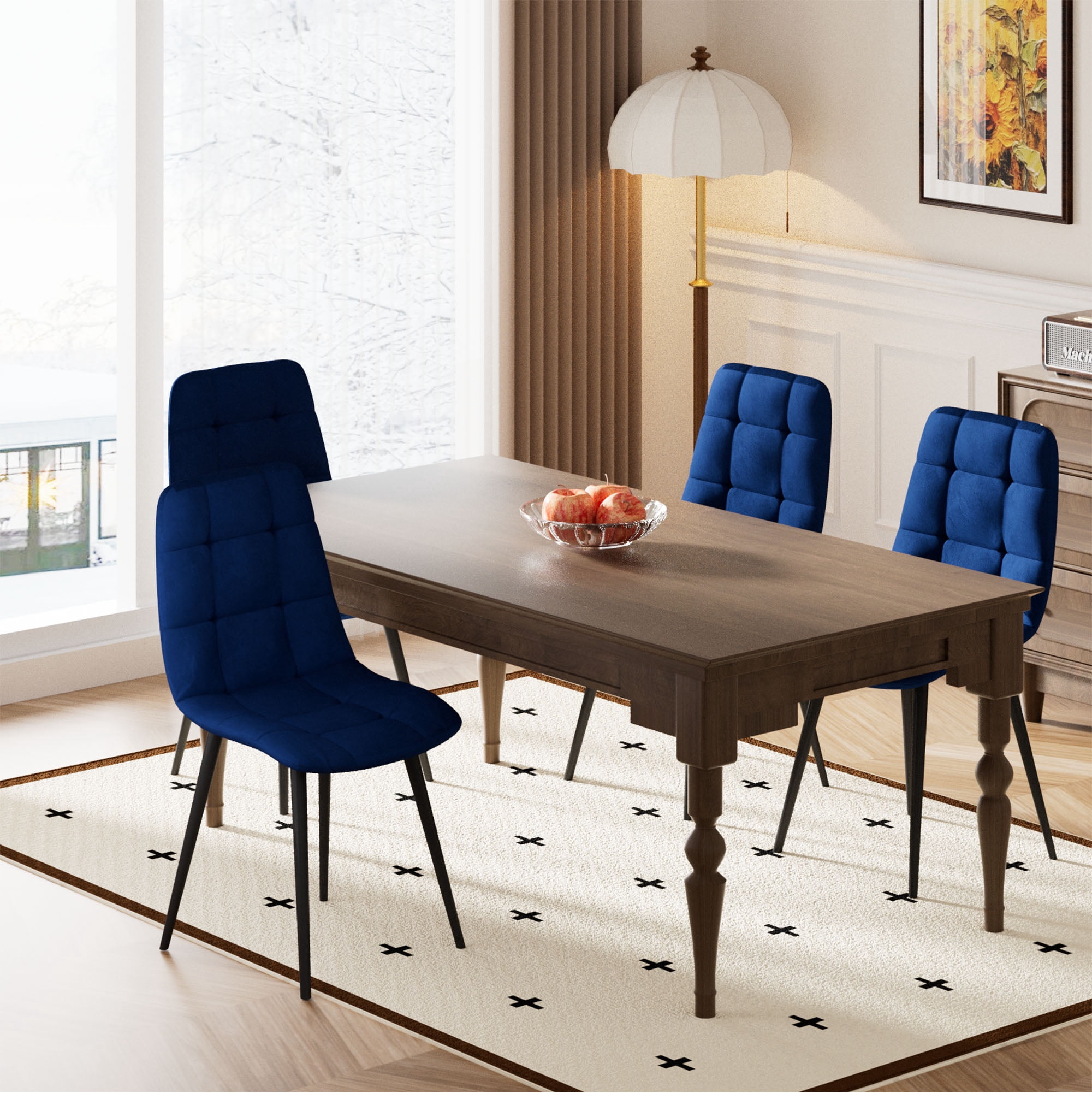 SHGJ&SOFT Velvet Dining Chairs Set of 4, Mid Century Modern Upholstered Fabric Chairs with Metal Legs Adjustable Pads for Kitchen Living Room Dining Room. (BLUE, 4PC)