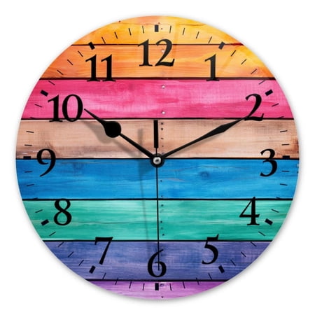 Battery Operated Analog Wall Clocks Non-Ticking Silent Modern Clock Decorative for Home,Office-Rainbow-Colored Wooden Wall(10inch)