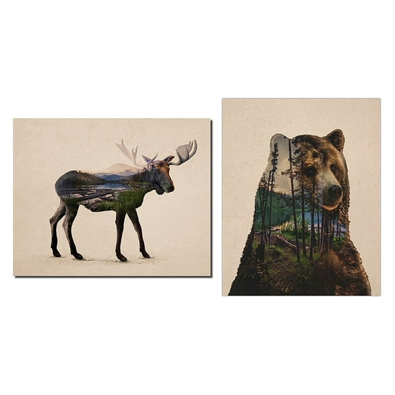 Rustic Double Exposure Bull Moose and Bear Landscape Set; Cabin Lodge Decor; One 11x14in and One 14x11in Unframed Poster Print