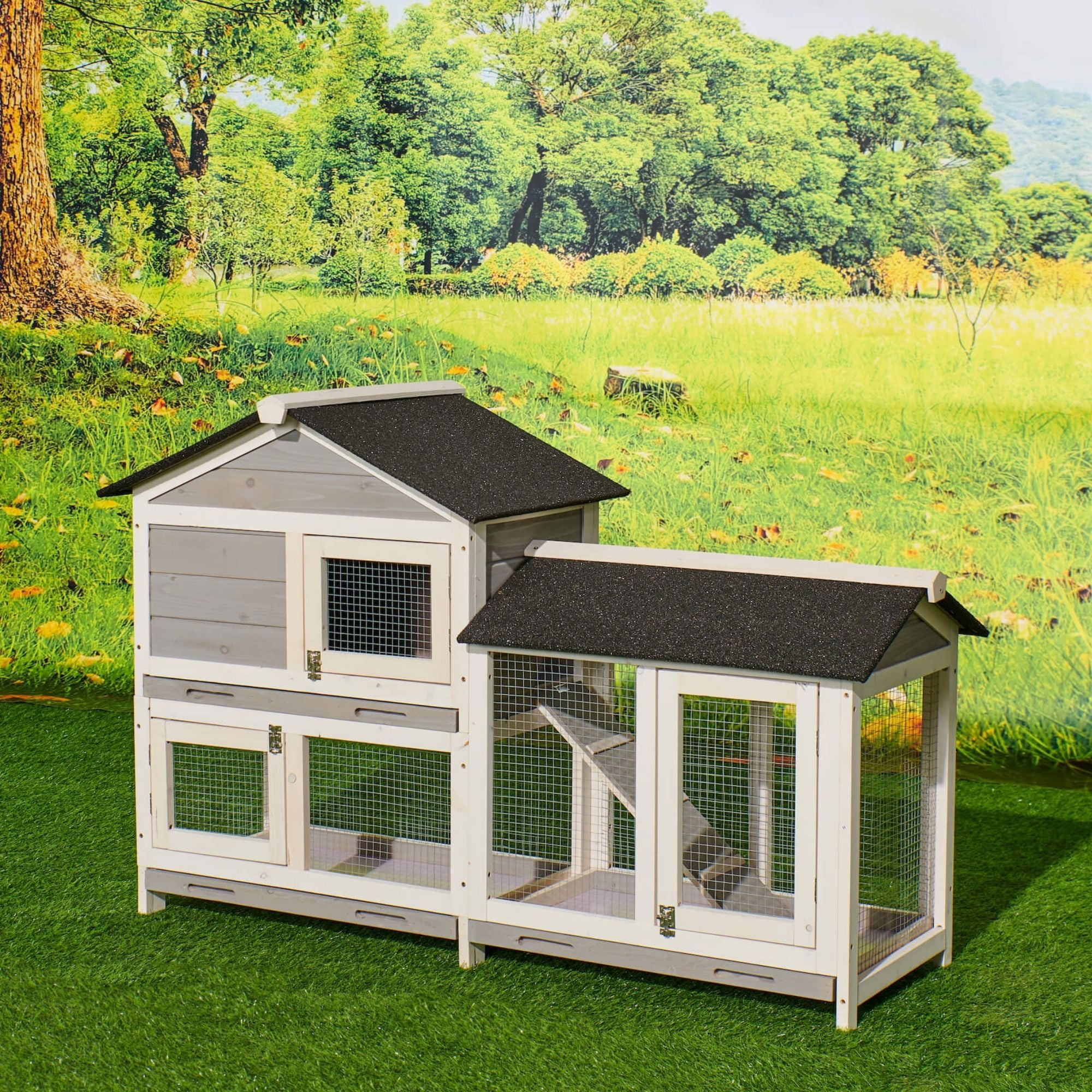Kepooman 58" Waterproof Wooden Rabbit Cage with Stairs & Cleaning Tray, Bunny Hutch Chicken Coop for Guinea Pig and Small Animals, Gray Kepooman 58" Waterproof Wooden Rabbit Cage with Stairs & Cleaning Tray, Bunny Hutch Chicken Coop for Guinea Pig and Small Animals, Gray