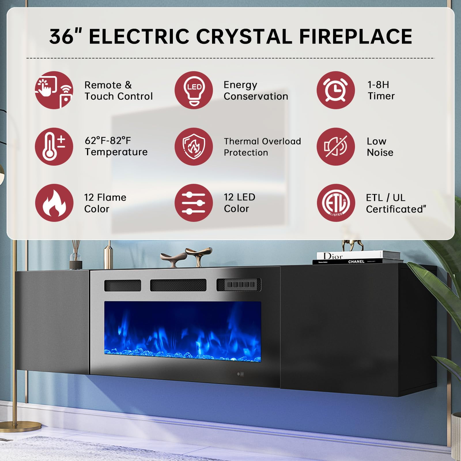 Easoger Floating TV Stand with 36" Electric Fireplace, Wall Mounted Fireplace Entertainment Center with Storage for TVs Up to 80", Adjustable Partition, Black/White (All Black)