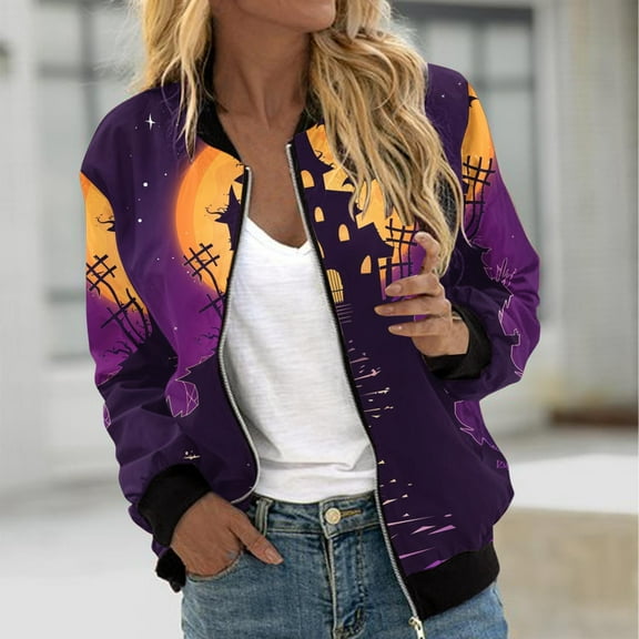 WXLWZYWL Womens Halloween Bomber Jacket Funny Spooky Ladies Coat Ghost Floral Graphic Cardigan Zip Up Long Sleeve Dressy Tops Moto Biker Windbreaker