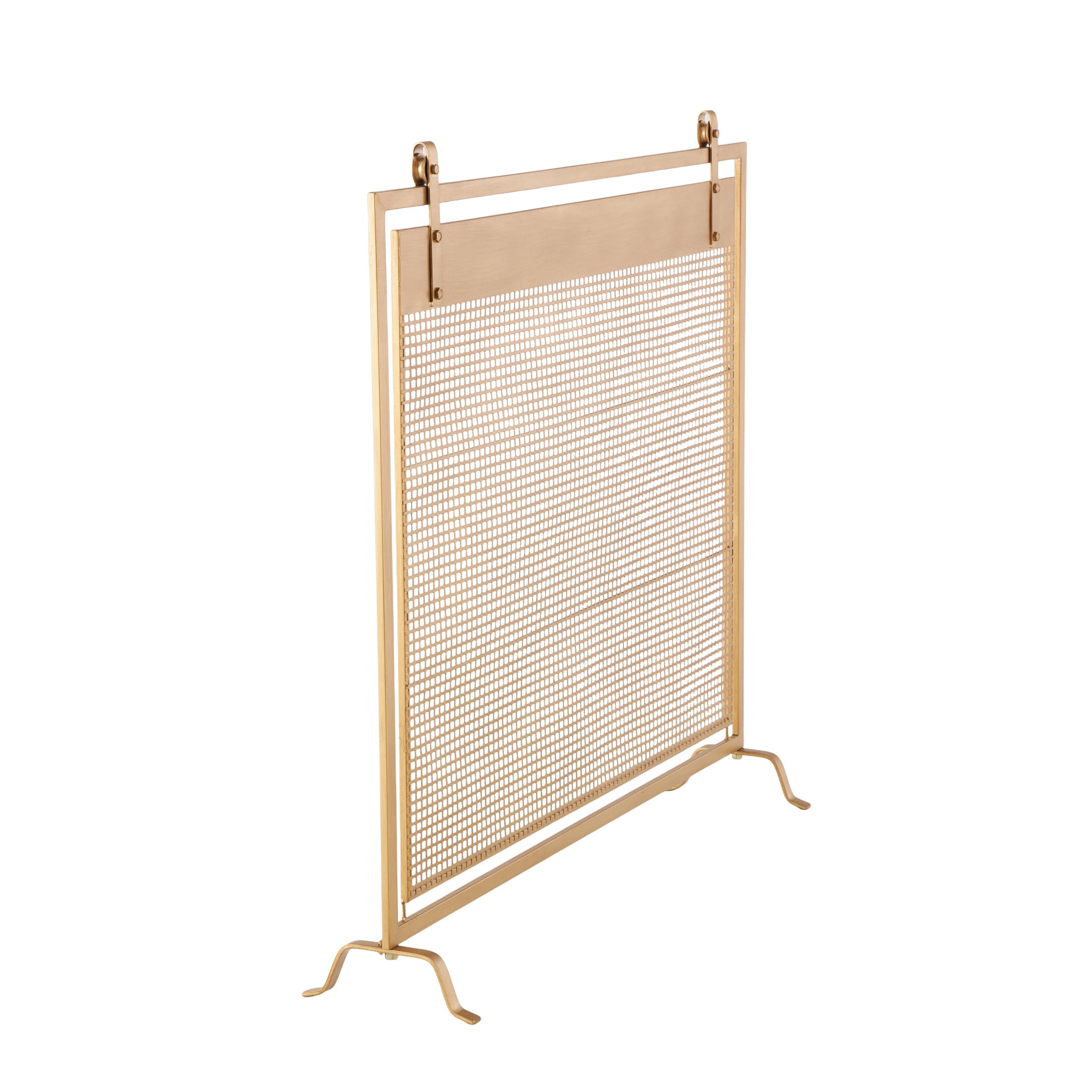 DecMode 38" x 36" Gold Metal Suspended Grid Style Netting Single Panel Fireplace Screen with Bolted Details, 1-Piece