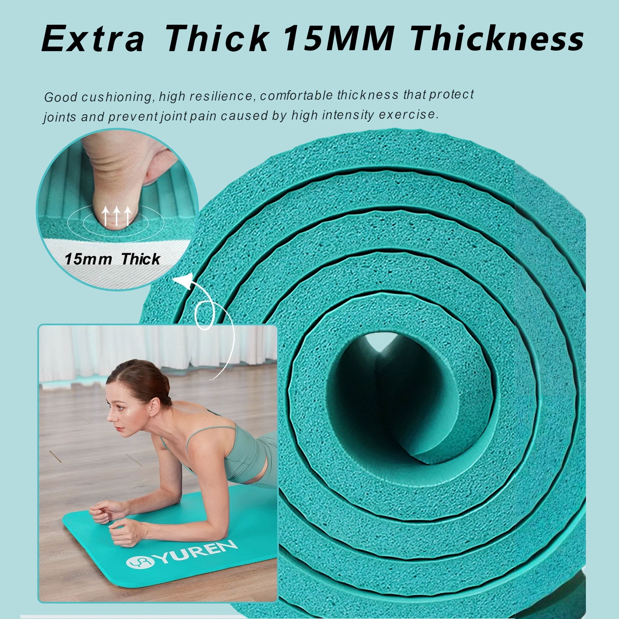 YR Durable Non-slip NBR Yoga Mat 1/2 Inch Hi-Density Foam Exercise Mat with Carry Bag, IceBlue