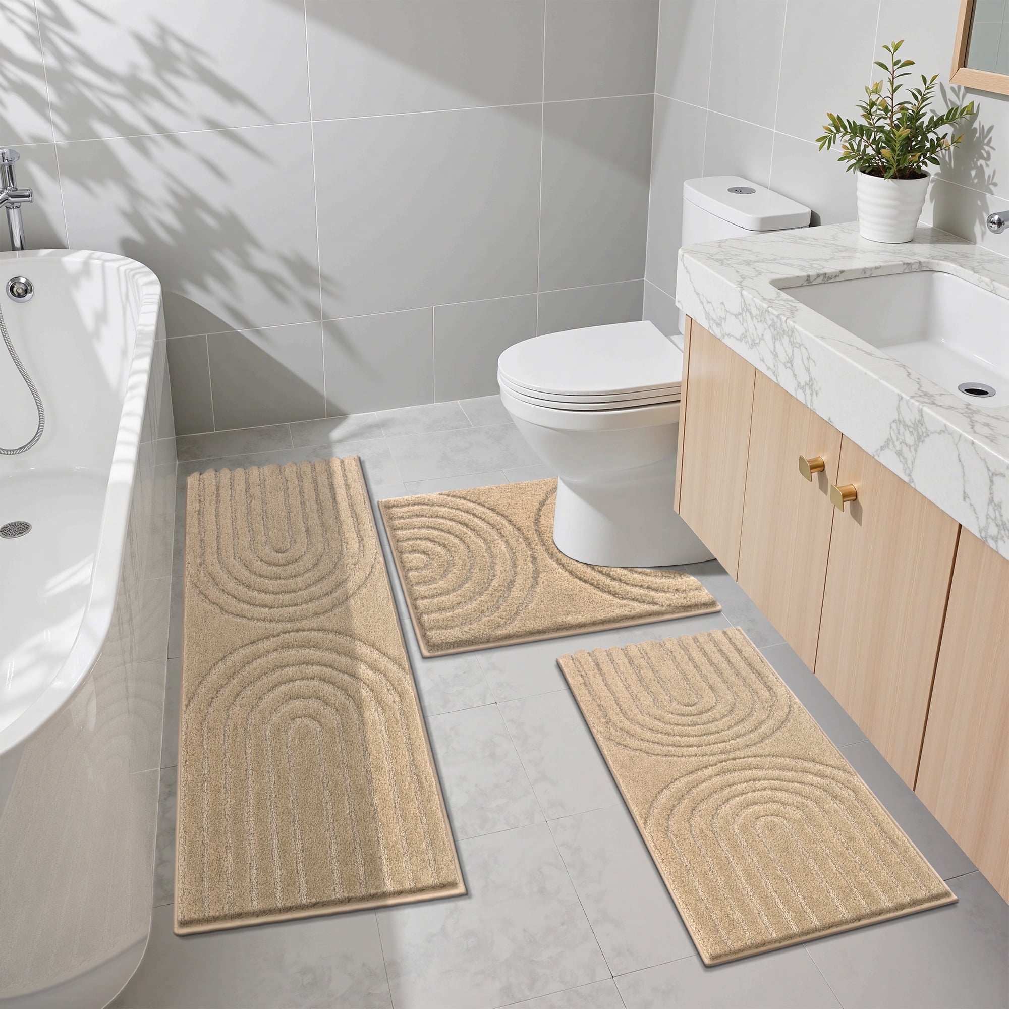 Vaukki Geometric Bathroom Rug Set of 3 Microfiber Soft Absorbent Non Slip Bath Rugs for Bathroom，(18"x26"+20"x47"+20"x24"，Beige)