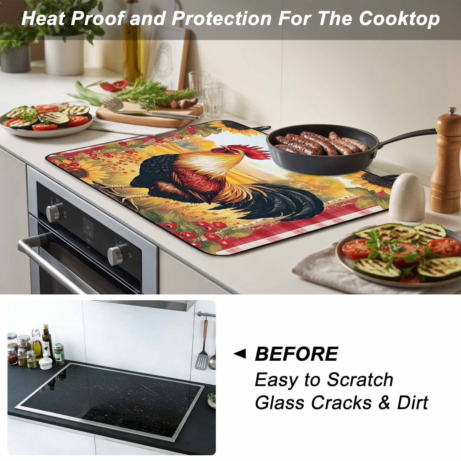 Retro Rooster Stove Top Cover for Electric Stove, Heat-proof & Non Slip Glass Top Stove Cover Protector, Yellow Sunflower Red Plaid Farmhouse Kitchen Flat Cooktop Rubber Mat 24x21 Inches