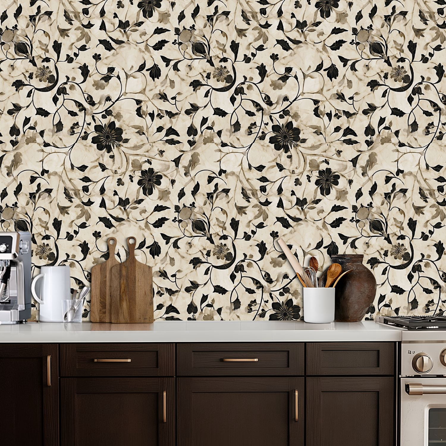 Peel and Stick Wallpaper Elegant Black White Floral Beige Wall Mural 17.7in x 9.8ft Self Adhesive Removable Wall Paper Renter Friendly Wallpaper for Nursery Bedroom Cabinets
