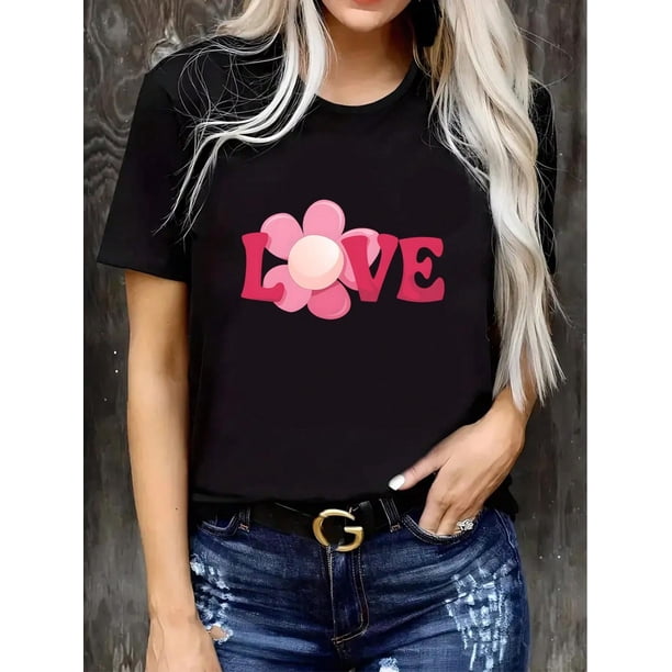 Flower LOVE Print Valentines Day TShirt ,Cotton Soft Breathable Comfort-Fit Crew Neck Tee , ValentCamisetas de verano para mujer, manga corta, cuello redondo, casual, lindo, con gráficos, camisetas
