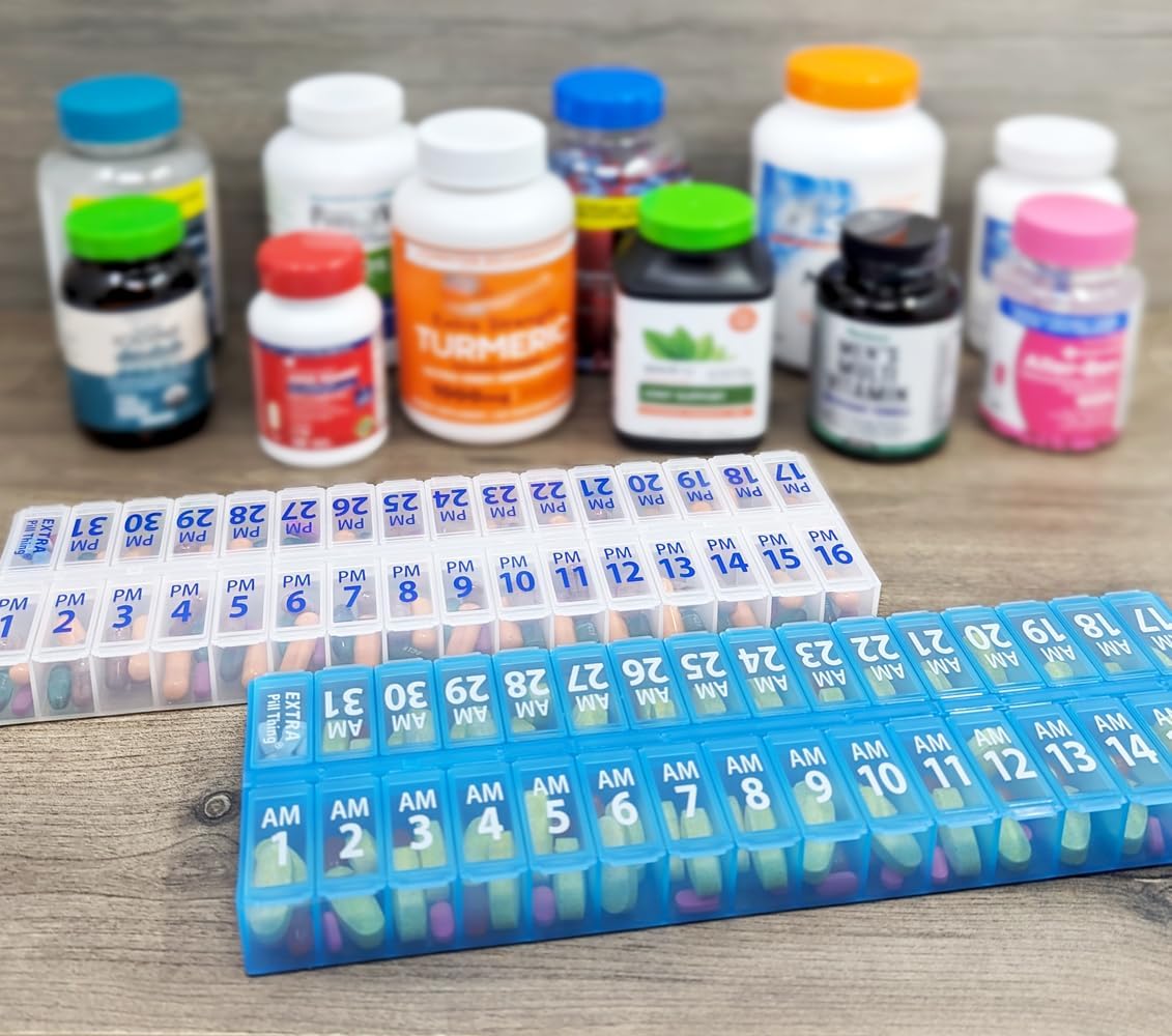 Twice-a-Day Monthly Pill Box Planner Set - AM & PM Medication Organizer for 31 Days (Clear/Blue)