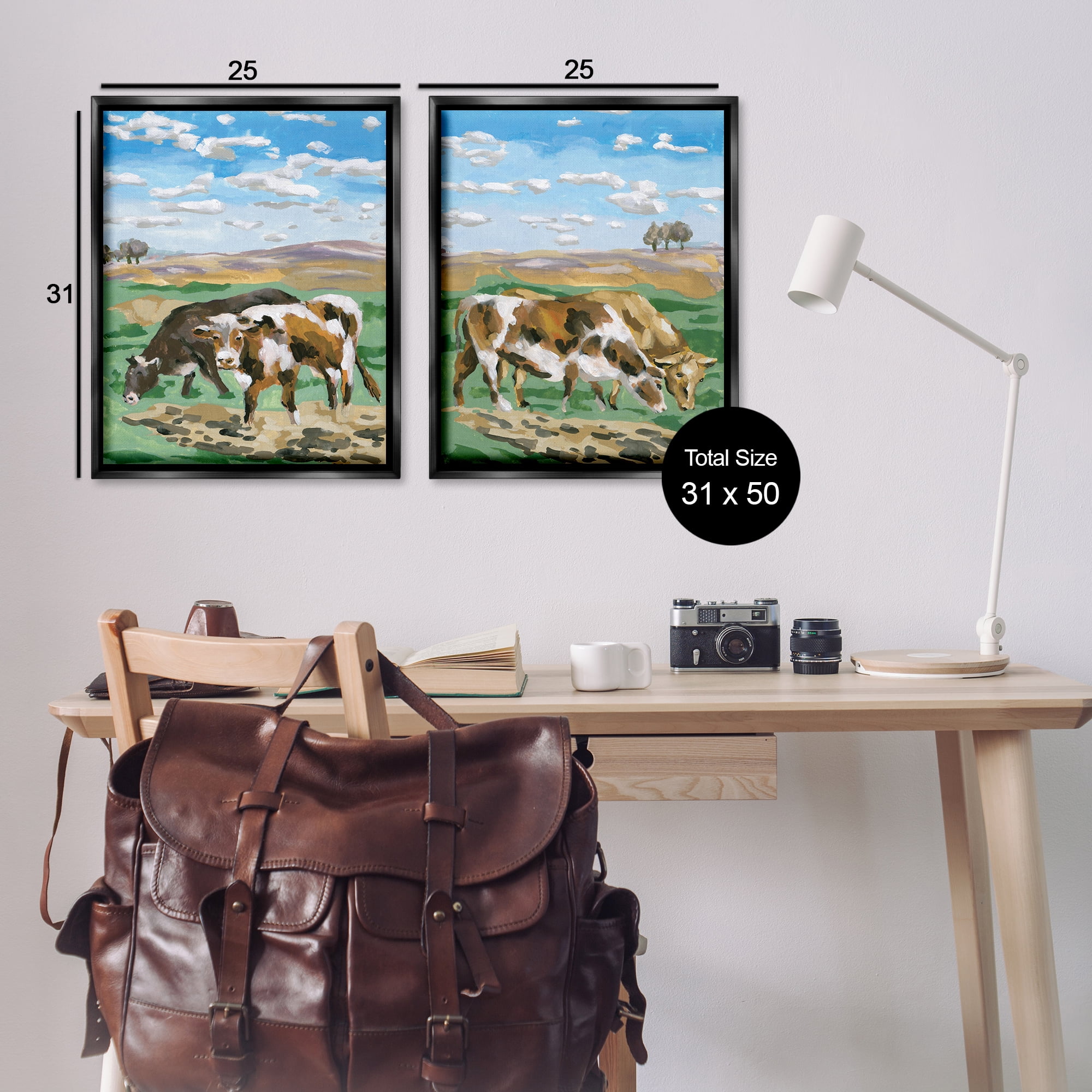 Stupell Industries Cows Grazing in Field Animals Painting Black Floater Framed Canvas Art Print Wall Art, 31 x 25, Set of 2