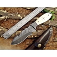 thumbnail image 2 of 9" Long hand forged Damascus steel full tang skinning Knife with gut hook, Camel bone with Damascus Bolster, Cow hide Leather sheath, 2 of 6