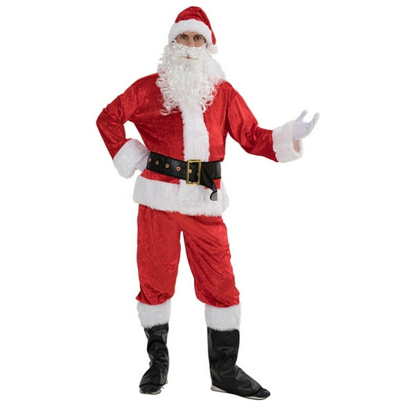 Ensemble de Costume de Père Noël Costume Adulte Santa Claus Chapeau, Veste, Ceinture, Pantalon, Couvre-Chaussures, Gant et Barbe