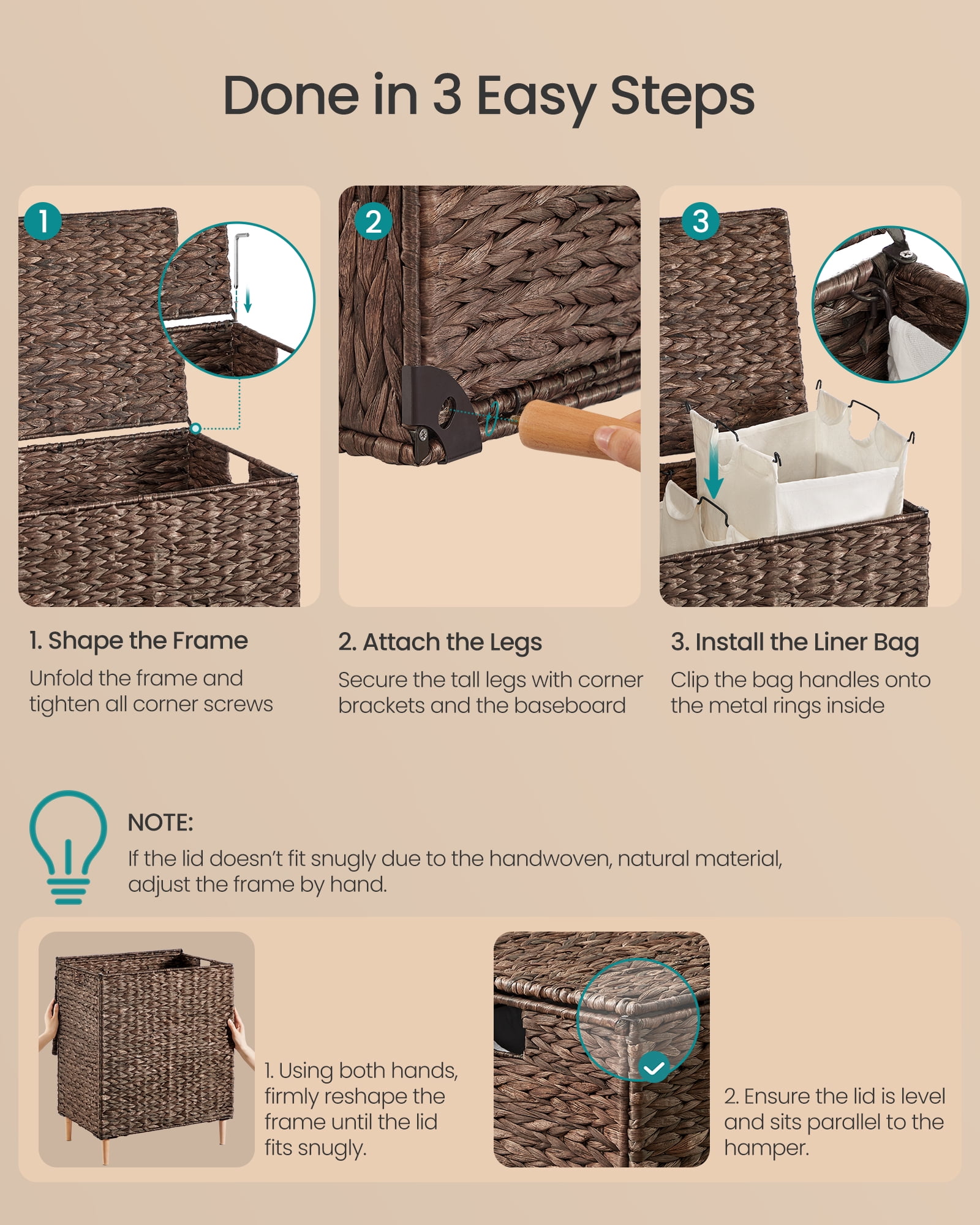 34.3 Gal. Laundry Hamper, 2-Section Handwoven Water Hyacinth Wicker Laundry Basket with Lid, Removable Liners, Espresso