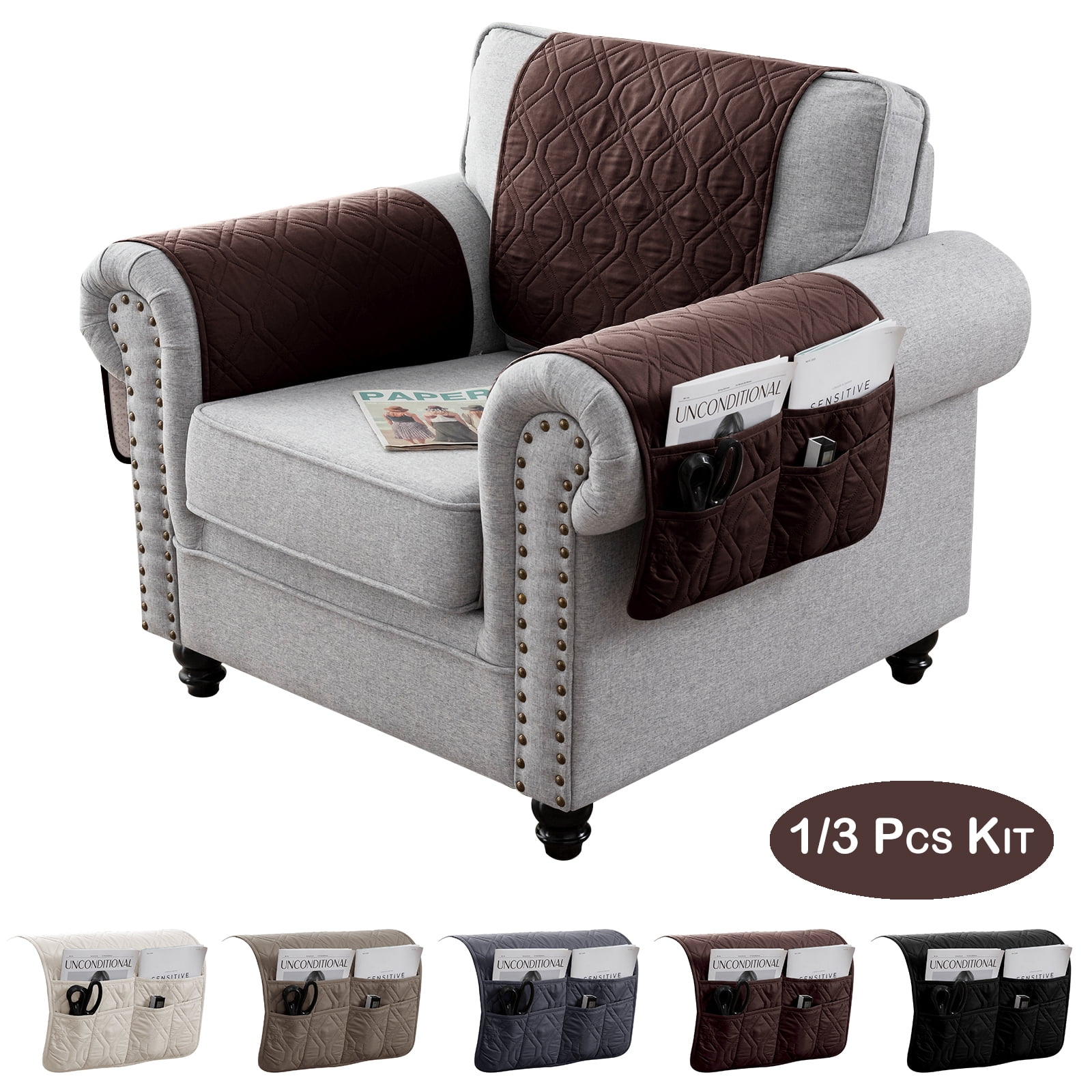 Rosnek Couch Armrest Covers with Side Pocket Waterproof Quilted Sofa