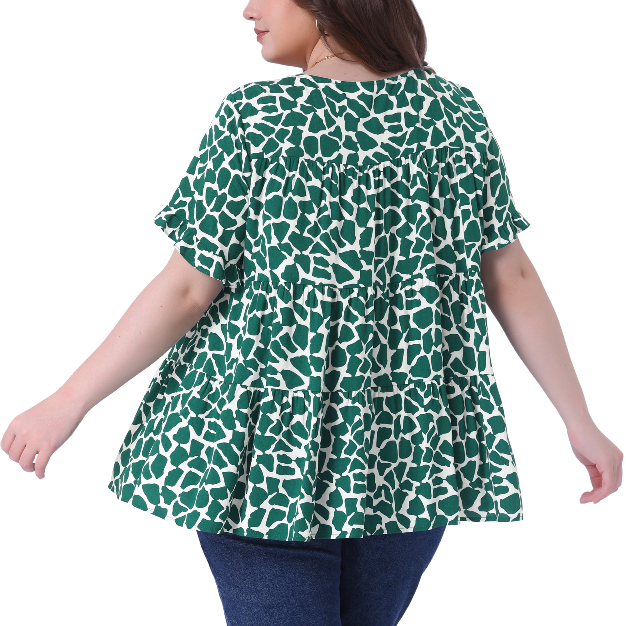 DARING DIVA Women's Plus Polka Dots Ruffle Sleeves Babydoll Tiered Blouse 4X White Green