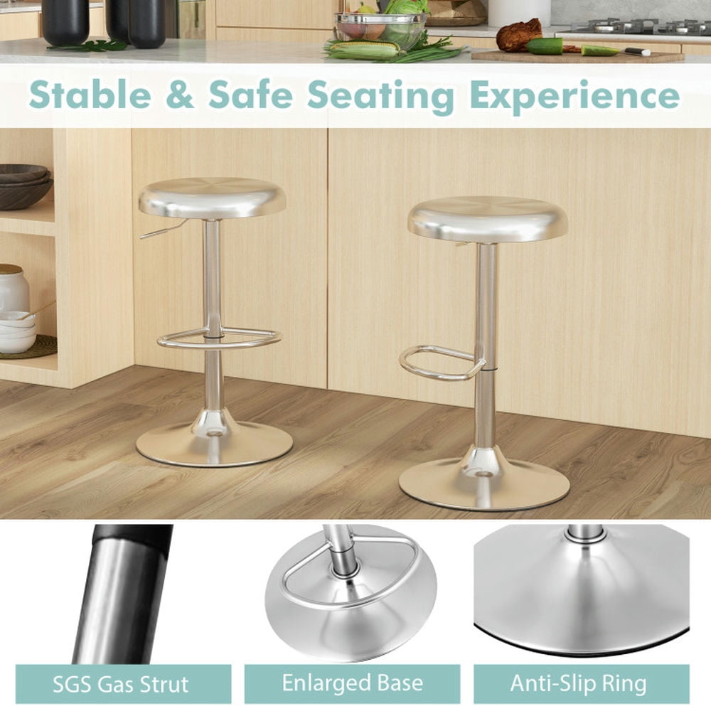 Demi Bonn Set of 2 Modern Swivel Adjustable Height Bar Stool with Footrest for Pub Bistro Kitchen Dining Chair, Silver