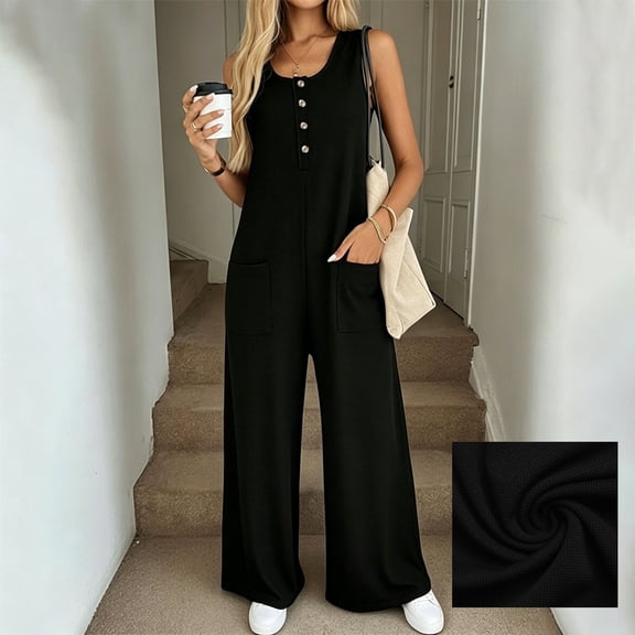 Women's Summer Jumpsuits Sleeveless Overall Long Pants Suit Casual Playsuit With Pockets Black M