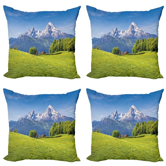 Ambesonne Mountain Throw Pillow Cover 4 Pack, Alps with Meadow Flora, 20", Green Blue