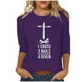 thumbnail image 3 of DDAPJ pyju Christian Easter T-shirts for Women 3/4 Sleeve Plus Size Tops Jesus Cross Print Graphic Tees Religious Faith Shirt Loose Fit Mid-length Pullover Birthday Gifts Purple S, 3 of 5