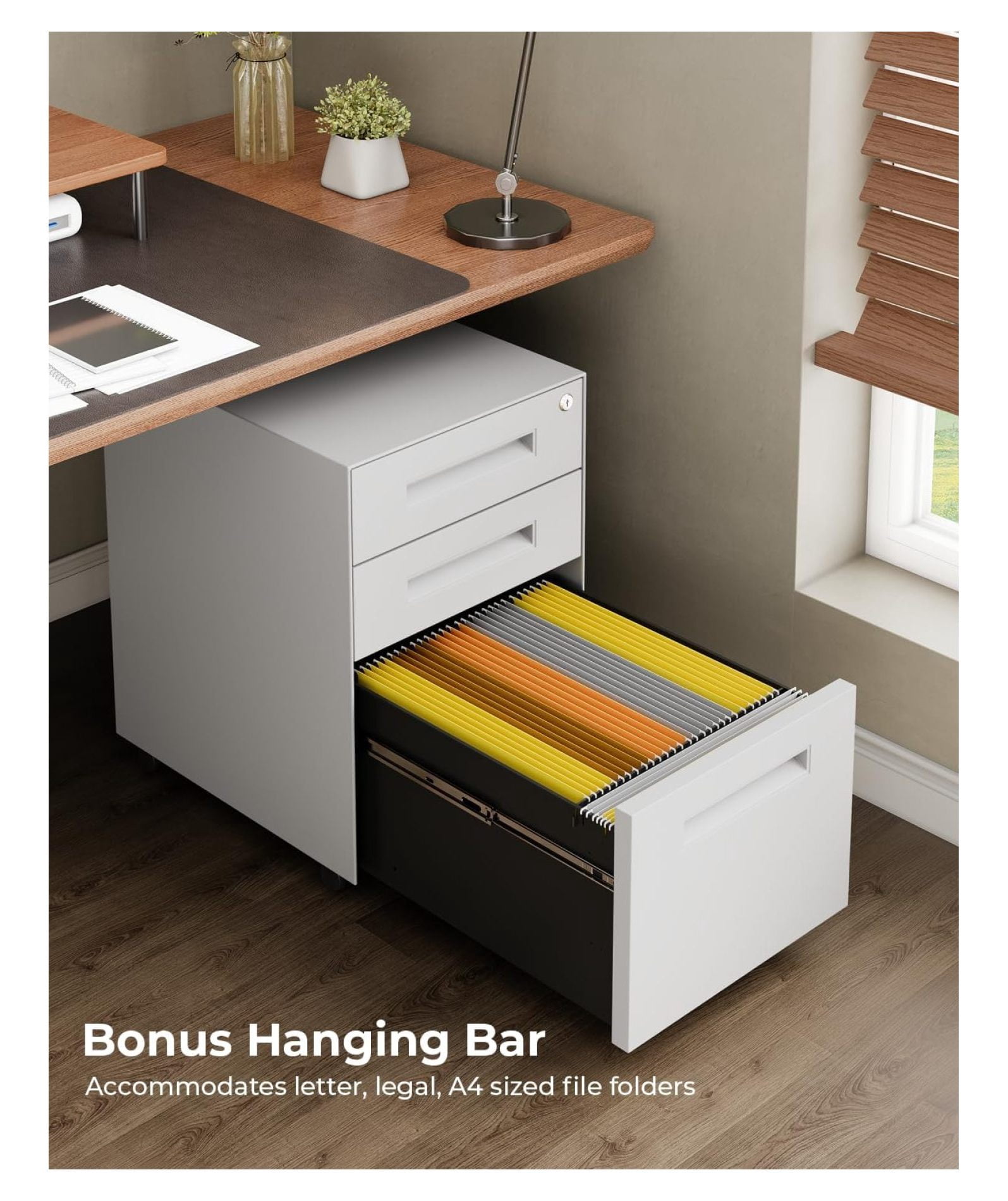 3 Drawer White File Cabinet, Mobile Under Desk Storage File Cabinet with Lock on Wheels, Fully Assembled, Letter/Legal Size, Small Short Vertical Metal Rolling Filing Cabinets for Home Office