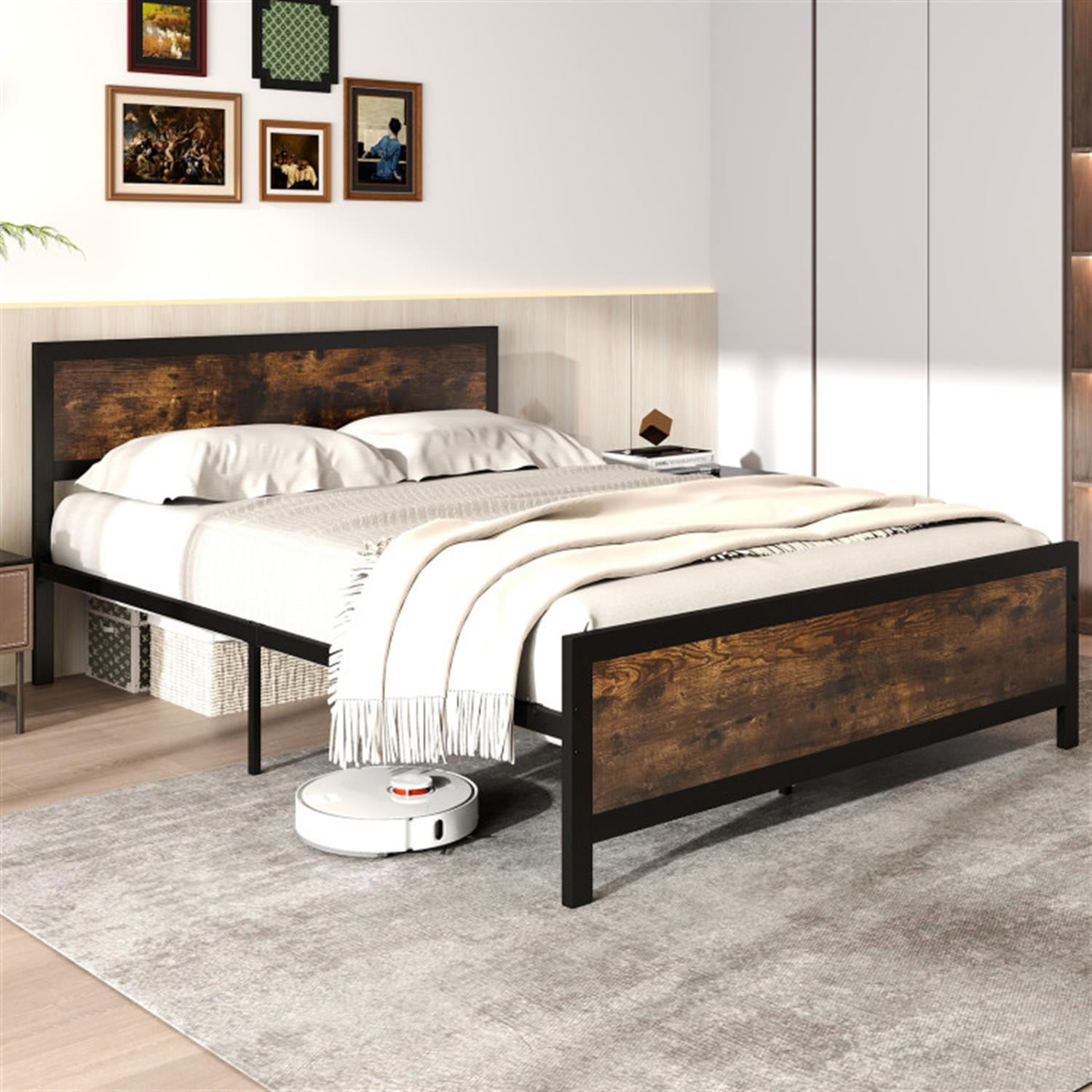 Demi Bonn Queen Size Bed Frame with Headboard and Footboard, Modern Metal Platform Bed Frame with Under Bed Storage, No Box Spring Needed, Brown