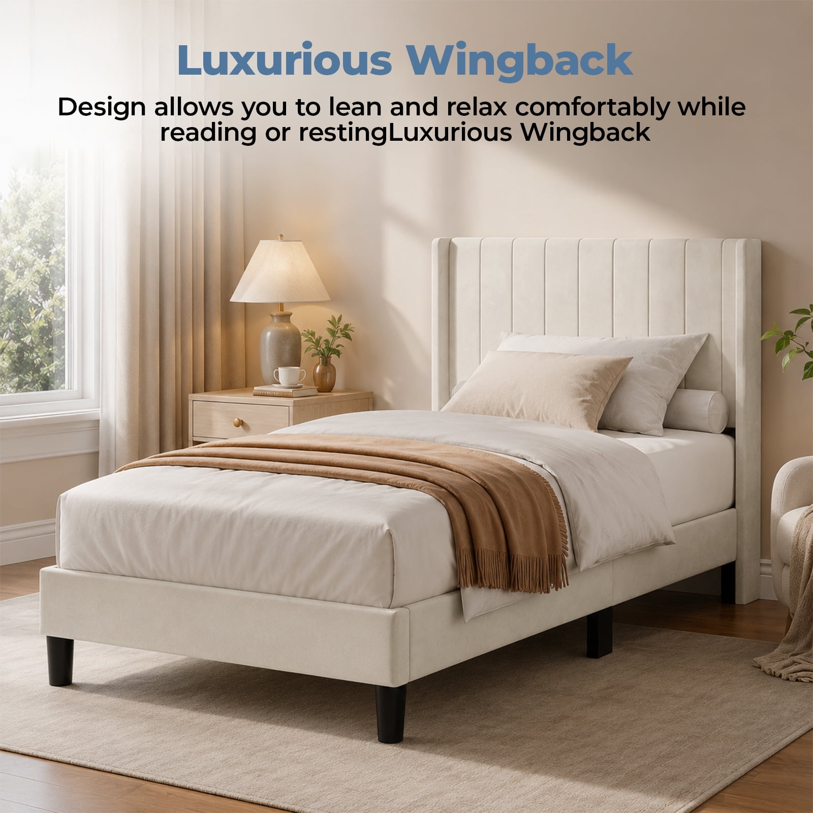 Alvantor Upholstered Bed Frame, Fabric-covered Wing-shaped Headboard and Wooden Crossbars, Bed Frame with Storage Space, Easy Assembly, Noise Free, No Box Spring Needed