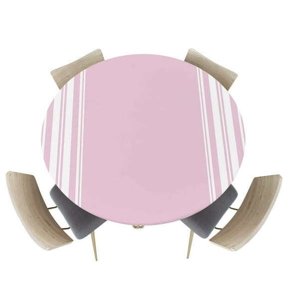 Rustic Modern Minimalist Art Fitted Round Tablecloths Elastic Edged Table Covers 36"-44",White Stripe Line on Pink Waterproof Dining Room Table Cloth for Kitchen Holiday Party Tables Decor