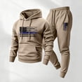 thumbnail image 2 of Sewkxo Men's Sweatsuits 2 Piece Set Fashion Fleece American Flag Print Drawstring Hoodie and Sweatpants Fall Winter Hooded Solid Color Ribbed Pullover Set with Pocket,Khaki M, 2 of 4
