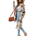 thumbnail image 6 of Seyurigaoka Women Juniors Shacket Long Coat, Lapel Plaid Loose Single-breasted Woolen Outwear, 6 of 8
