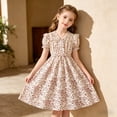 thumbnail image 2 of WEIWEN Flower Girl Dress Holiday Playwear Summer V Neck Puff Sleeve Floral Smocked Waist Party Flowy A Line Dresses Girls Clothes Beige, 8 Years, 2 of 8