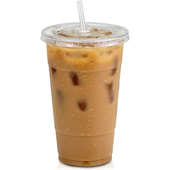 VeZee's 24 oz Clear Plastic PET Cups With Flat Lid & Straw, BPA-Free, Perfect for Iced Coffee, Smoothies, Tea, Boba - Recyclable Qty 500