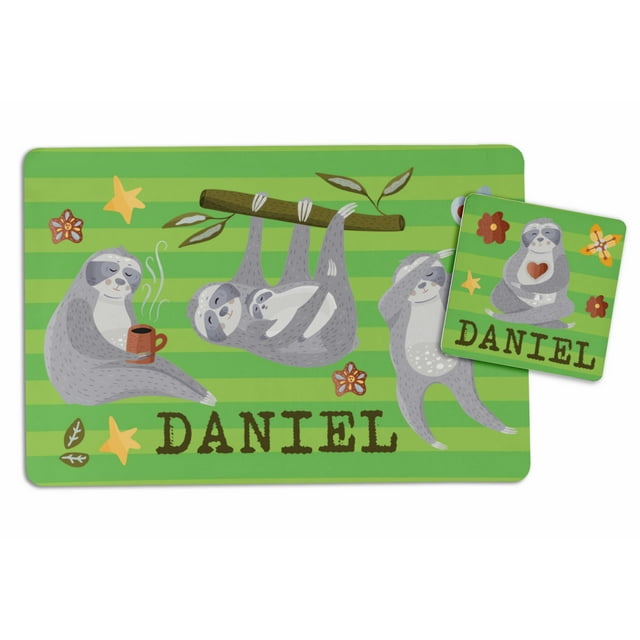 Printtoo Personalized Placemat & Coaster Set For Kids Toddlers,Birthday Gift For Boys,Gift For Girls,Sloth-8x11.5 Inch