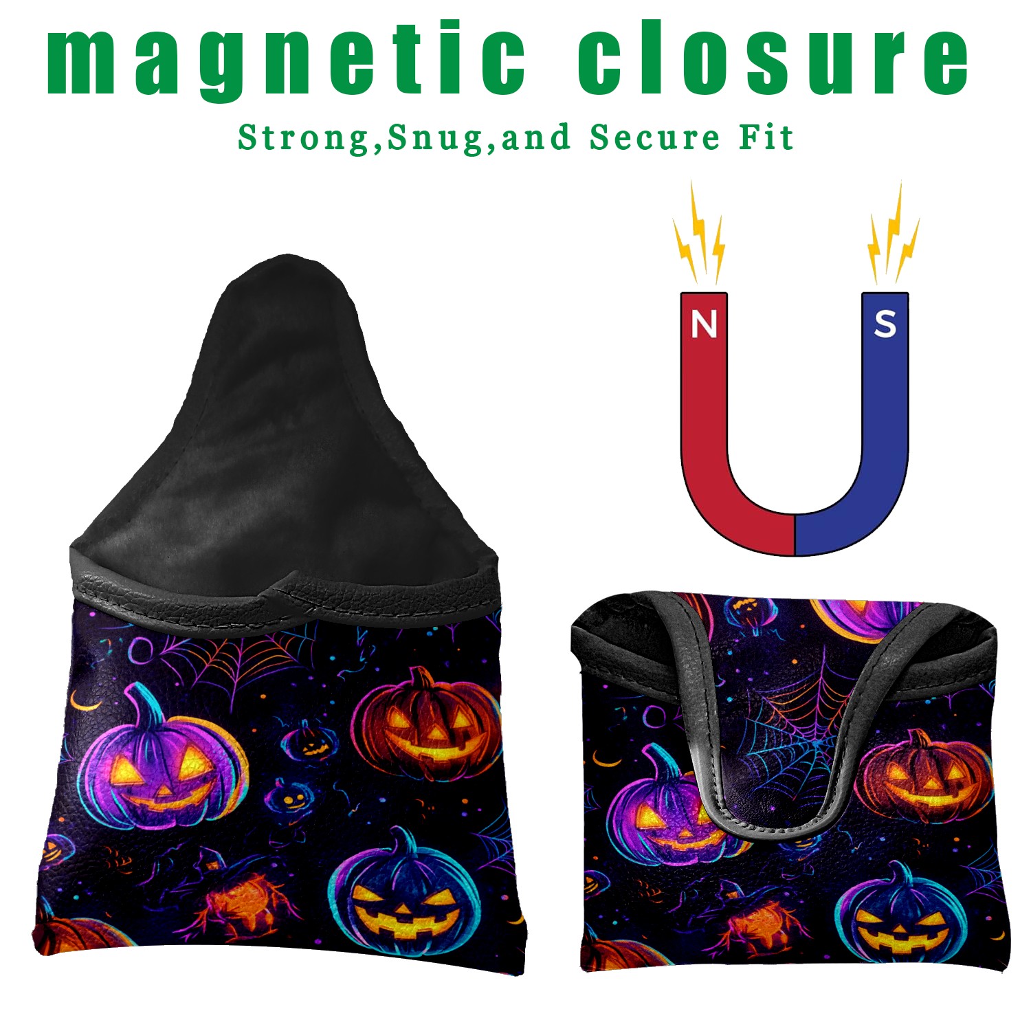 Golf Mallet Putter Cover Premium Leather Waterproof Golf Putter Head Cover with Magnetic Closure Neon Color Pumpkins