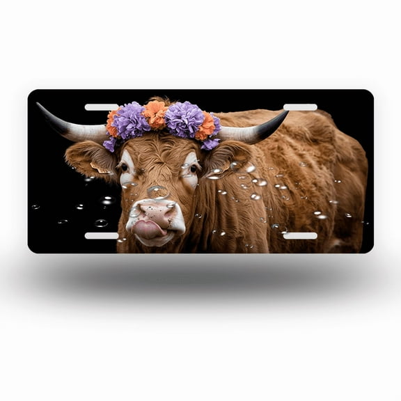 License Plate,Cow with Tongue Out and Flower Crown Decorative Front,Personalized Stainless Steel License Plate Cover For Men Women,12.2" X 6.2"